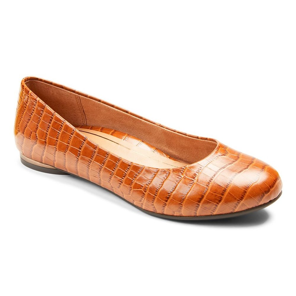 Vionic Tan Croc-Embossed Leather Slip-On Ballet Flat